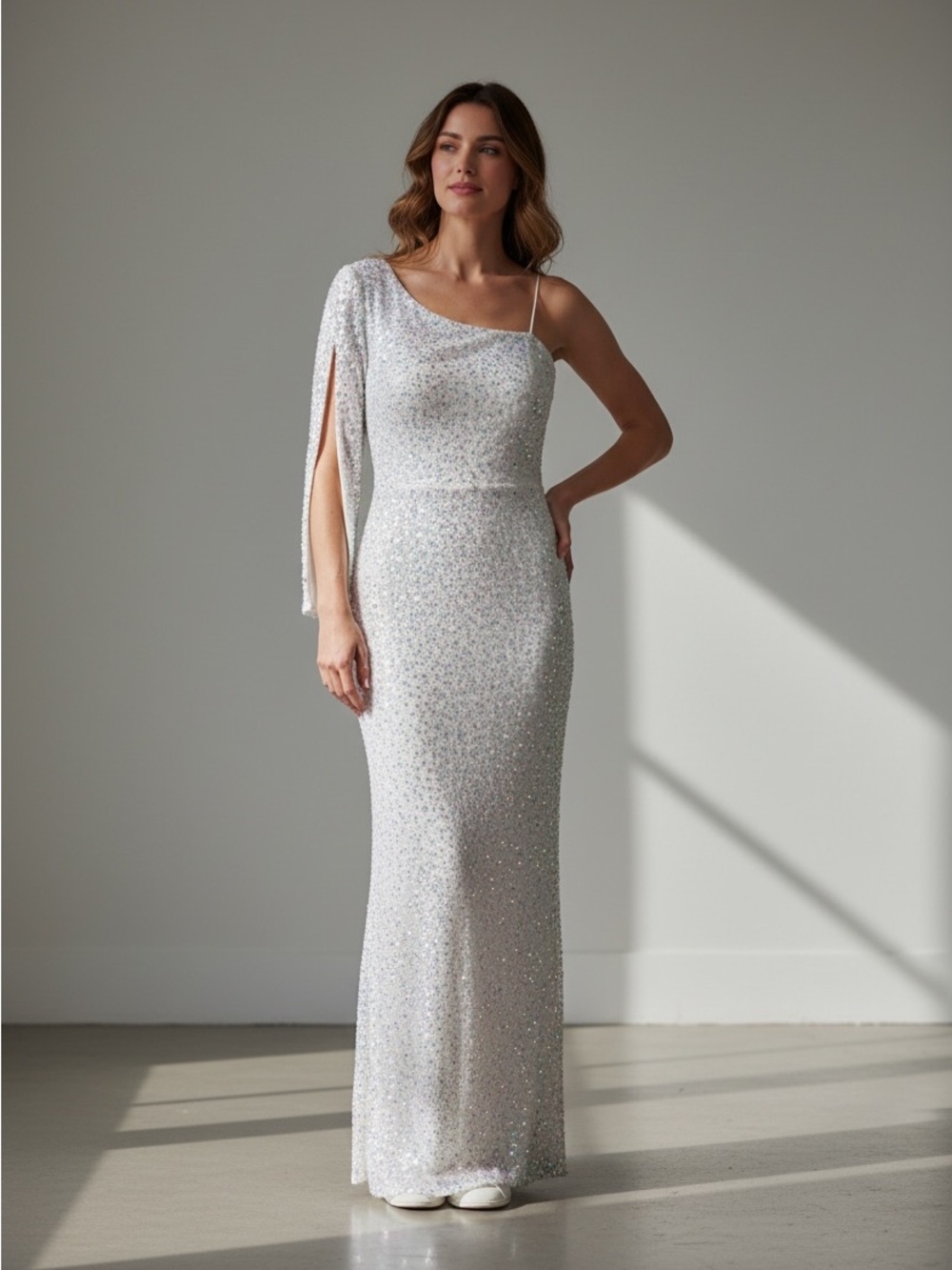 MISS ORD White Sequin Long Dress One Sleeve with Slit - Size Large